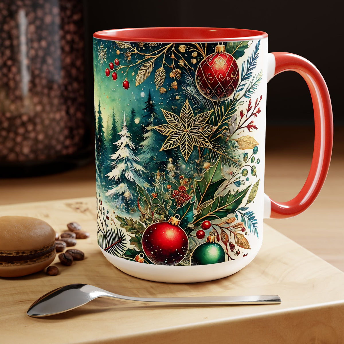 Christmas Mug, Vintage Style Holiday Mug, Christmas Tree Mug, Christmas Coffee Mug, Christmas Forest Mug, Kitchen Decor Mug, Forest Mug 15oz