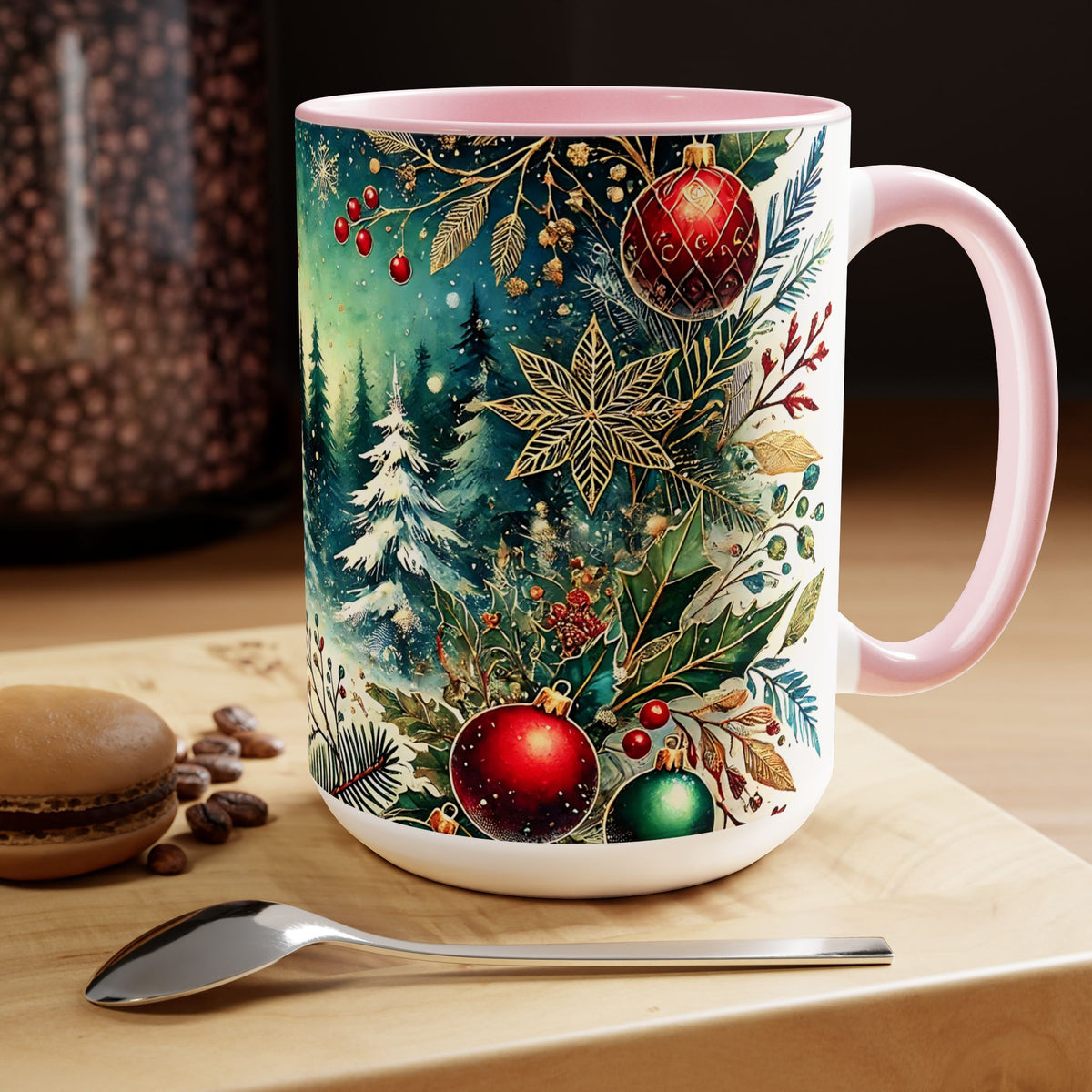 Christmas Mug, Vintage Style Holiday Mug, Christmas Tree Mug, Christmas Coffee Mug, Christmas Forest Mug, Kitchen Decor Mug, Forest Mug 15oz