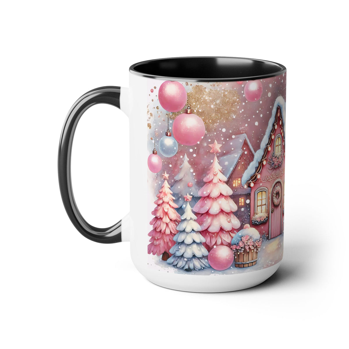 Pink Christmas Village Mug, Christmas Coffee Mug Gift, Merry Christmas Mug, Pink Winter Mug, Holiday Kitchen Decor, Elegant Coffee Mug 15oz