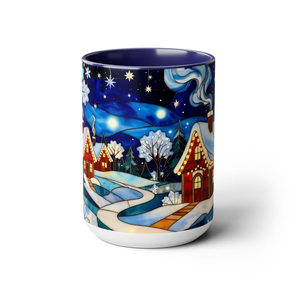 Stained Glass Christmas Village Mug, Winter Cottage Snow Scene Mug, Cozy Holiday Art Cup, Christmas Gift Mug 15oz