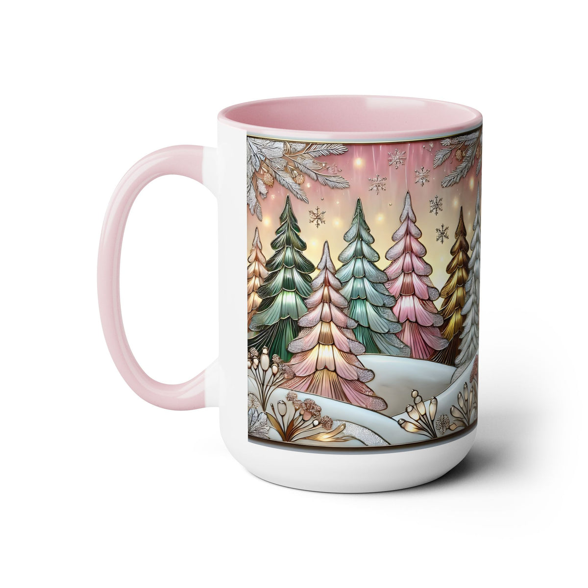 Pink Christmas Tree Mug, Stained Glass Style Forest Coffee Cup, Nature Lover Gift, Holiday Mug for Women, Winter Gift Idea