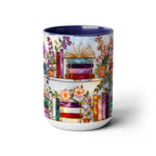Floral Bookshelf Mug for Book Lovers, Bookish Library Coffee Cup, Black Ceramic 15oz, Stained Glass Style Design