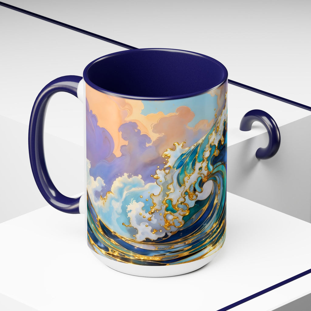 Ocean Waves Stained Glass Style Coffee Mug, Coastal Beach Decor Cup, Nautical Sea Wave Art Mug 15oz