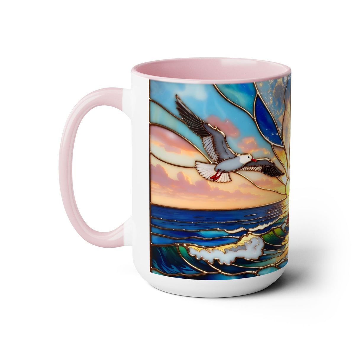 Lighthouse Sunset Mug, Coastal Stained Glass Style Coffee Cup, Nautical Coffee Mug 15oz