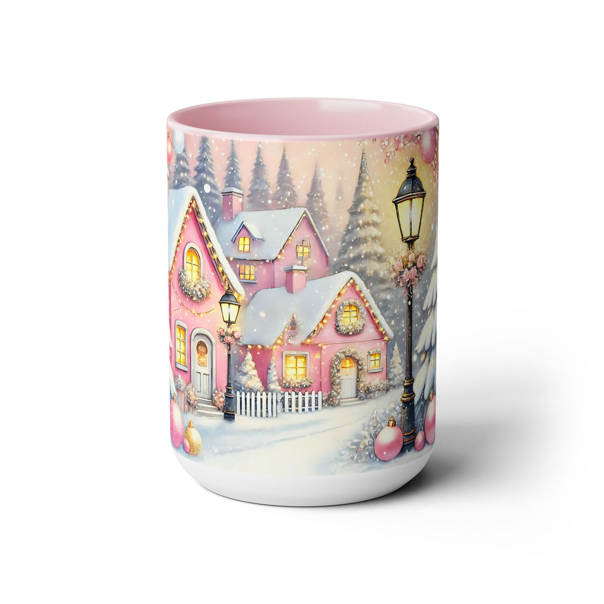 Pink Christmas Village Mug, Christmas Movie Mug, Christmas Coffee Mug Gift, Merry Christmas Mug, Winter Mug, Holiday Kitchen Decor 15 oz