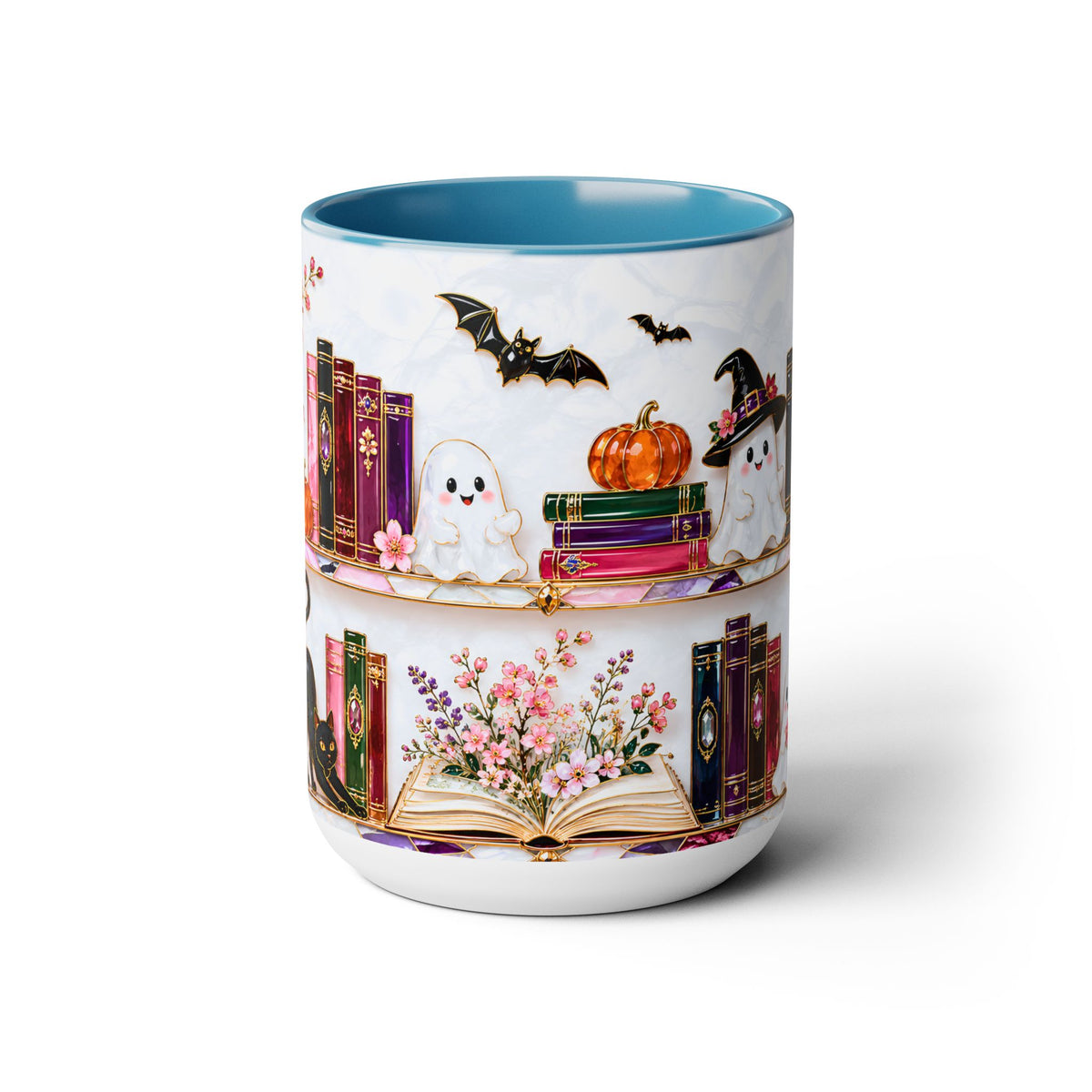 Halloween Ghost Bookshelf Mug, Black Cat Coffee Mug, Book Lover Gift, Witchy Ghost Mug, Spooky Library Cup, Fall Mug, Dark Academia Mug