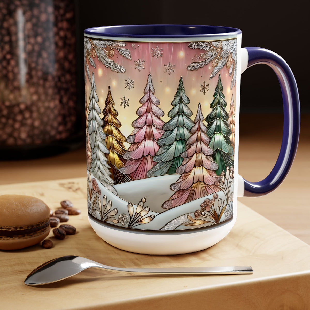 Pink Christmas Tree Mug, Stained Glass Style Forest Coffee Cup, Nature Lover Gift, Holiday Mug for Women, Winter Gift Idea