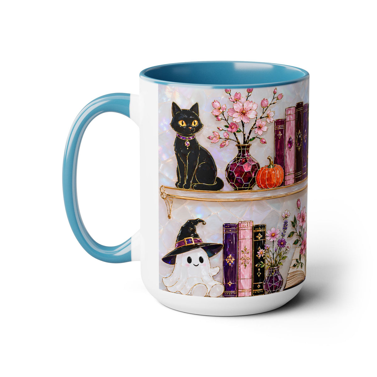 Halloween Ghost Bookshelf Mug, Cute Ghost Coffee Mug, Book Lover Gift, Pink Halloween Mug, Witchy Books Mug, Black Cat Mug, Fall Coffee Cup