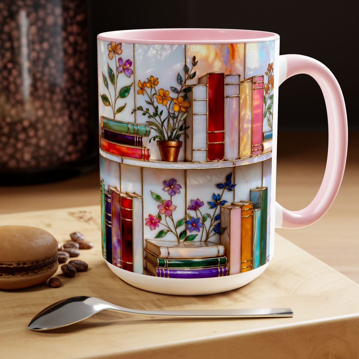 Floral Bookshelf Coffee Mug, Bookish Stained-Glass Style Mug, Book Lover Gift, Library Aesthetic Cup, Teacher Gift, Reading Mug 15oz