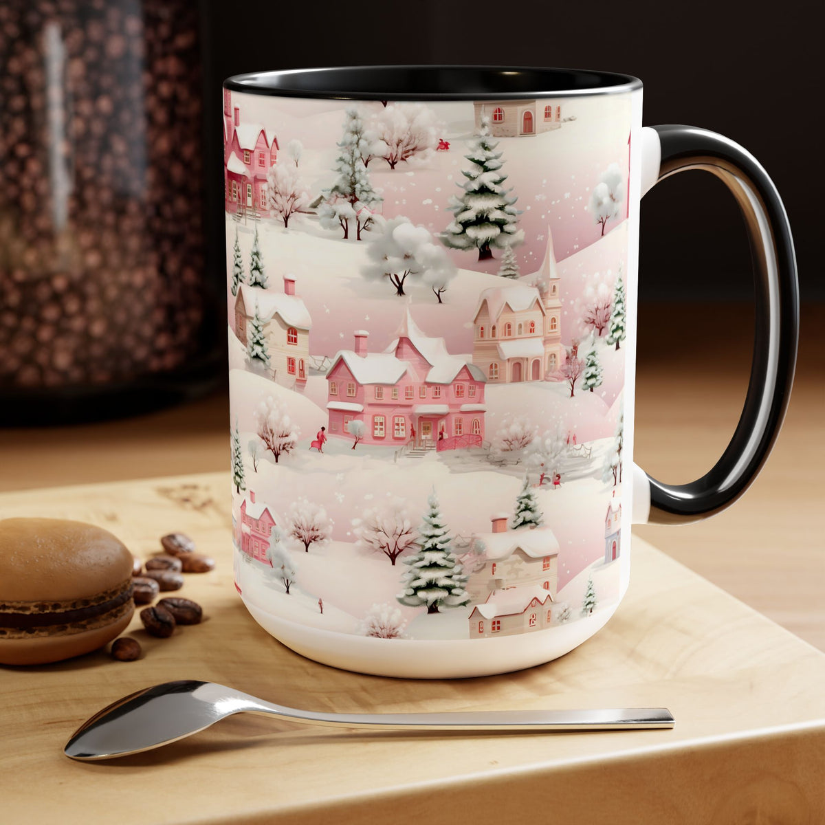 Pink Christmas Village Mug, Christmas Movie Mug, Christmas Coffee Mug, Merry Christmas Mug, Aesthetic Mug, Holiday Kitchen Decor, 15oz