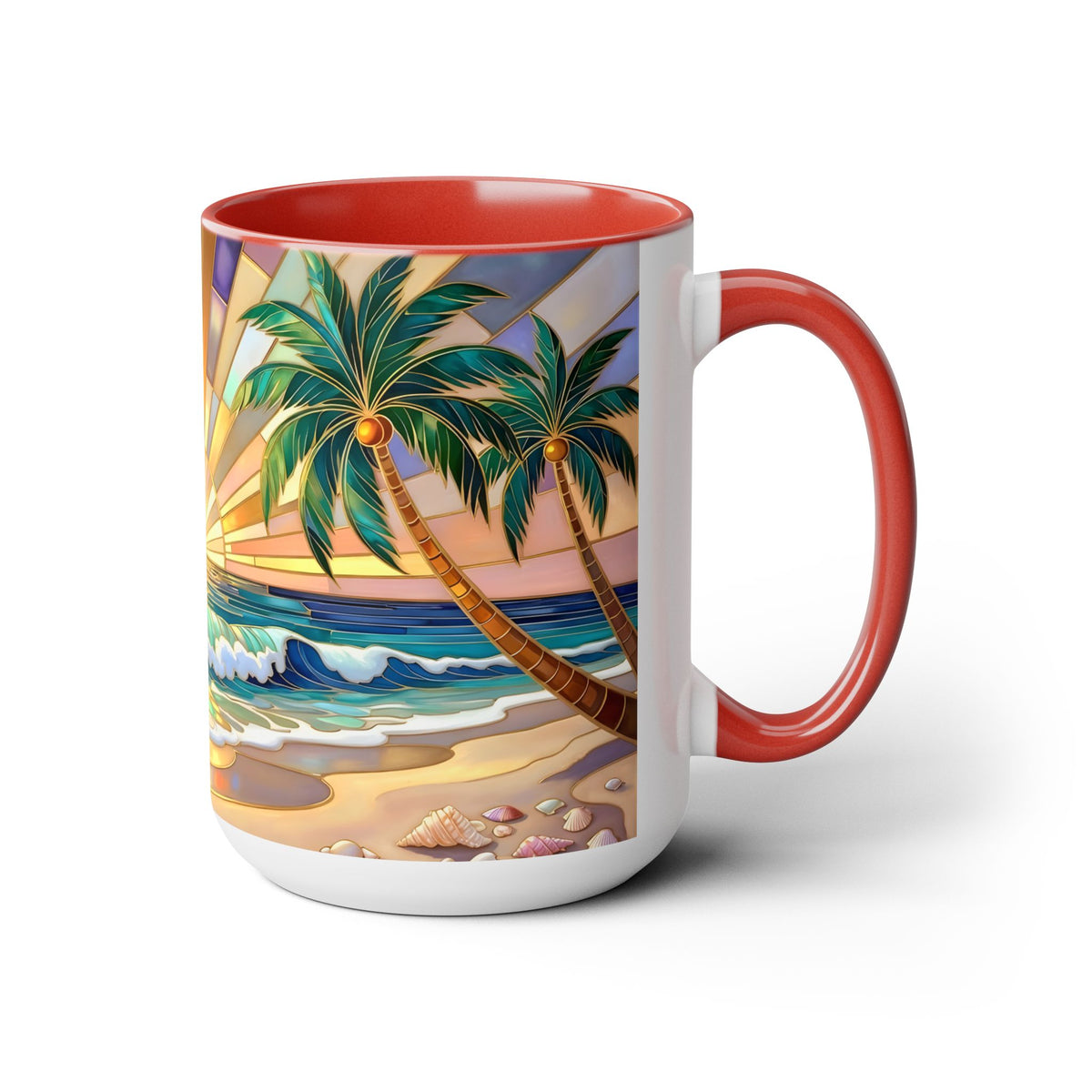 Beach Sunrise Stained Glass Style Mug, Coastal Ocean Coffee Cup, Sunrise Sea Mug, Beach Lover Cup 15oz