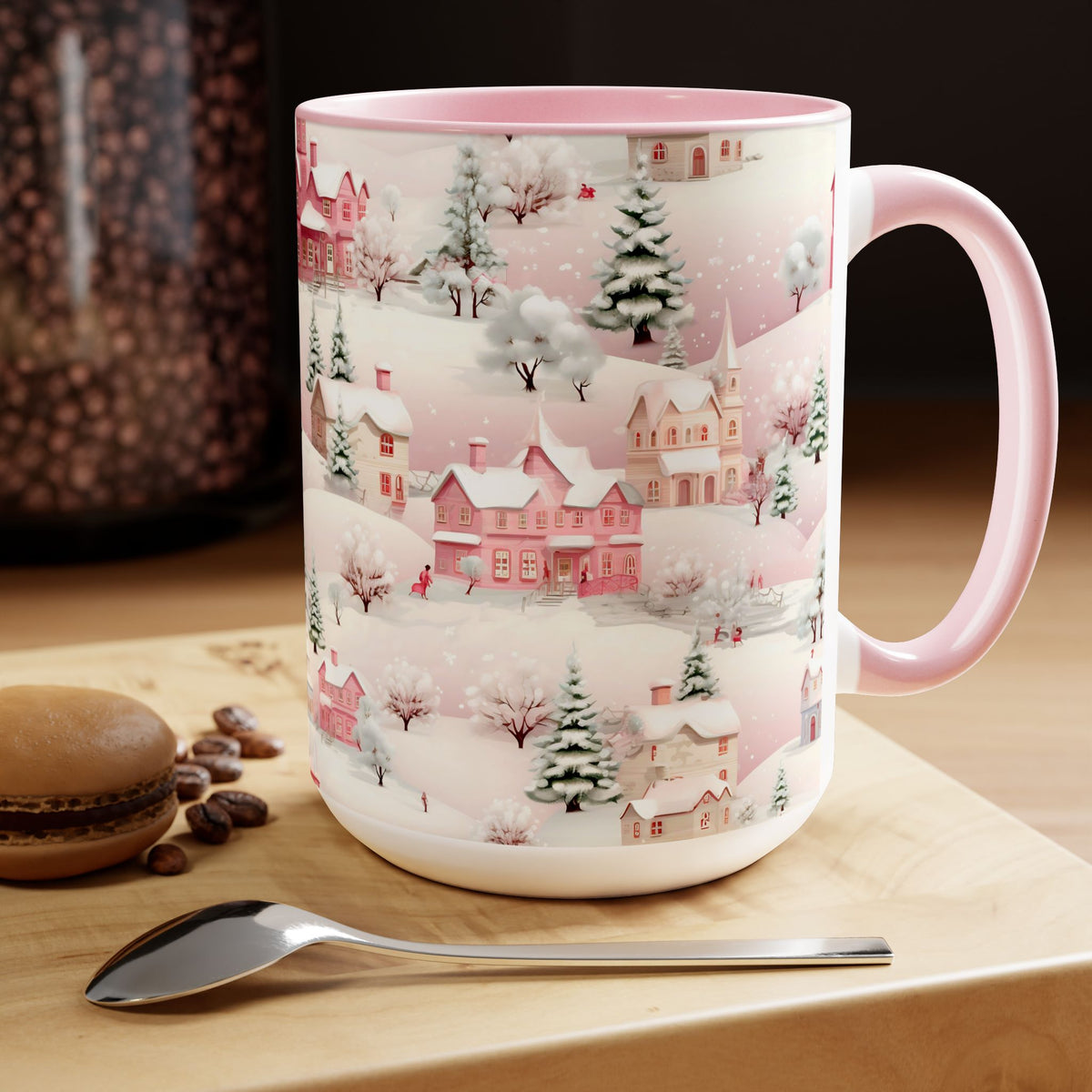 Pink Christmas Village Mug, Christmas Movie Mug, Christmas Coffee Mug, Merry Christmas Mug, Aesthetic Mug, Holiday Kitchen Decor, 15oz