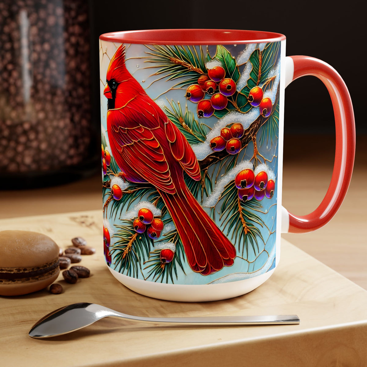 Cardinal Winter Mug, Stained Glass Style Birds on Snowy Branch Mug, Bird Retro Christmas Mug 15oz