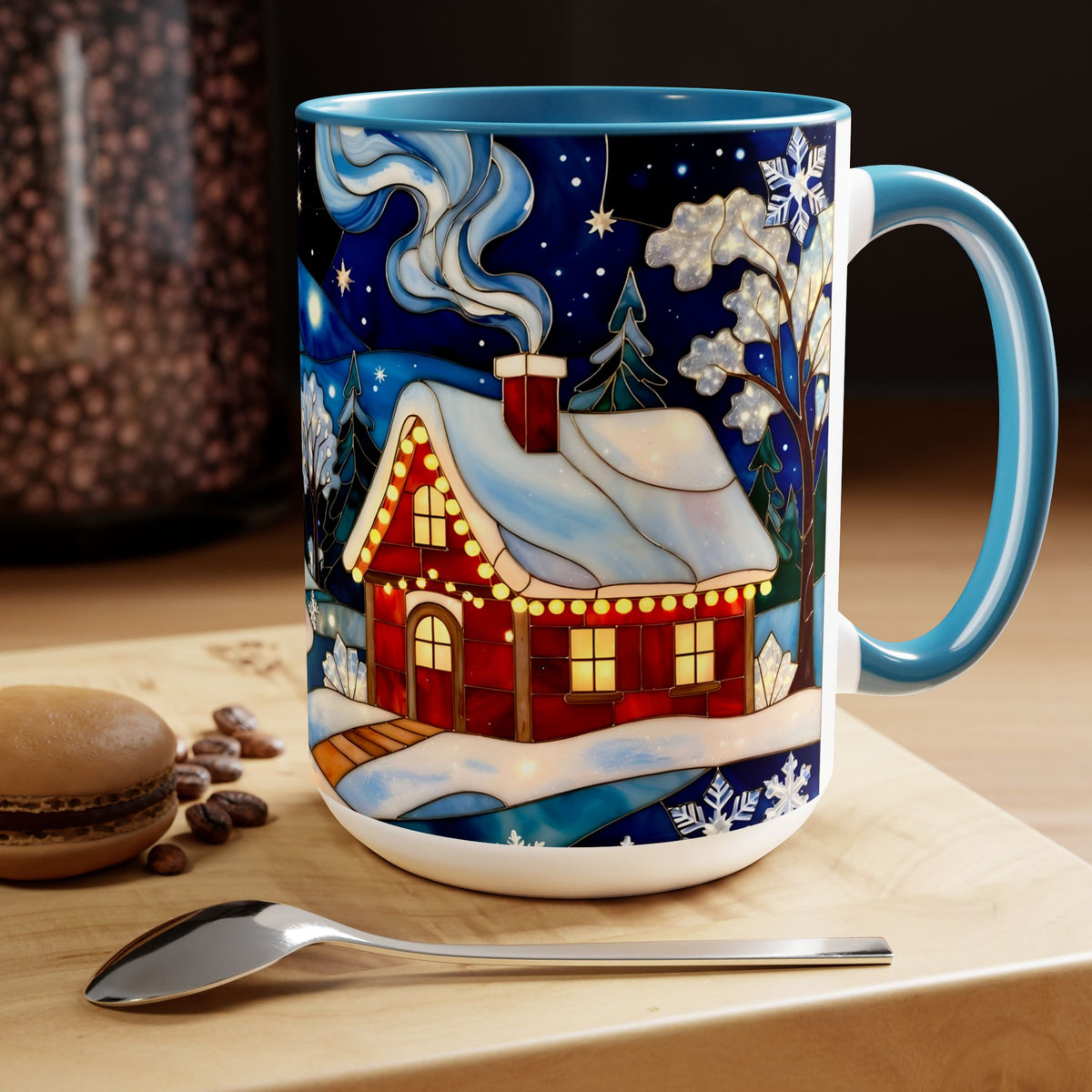 Stained Glass Christmas Village Mug, Winter Cottage Snow Scene Mug, Cozy Holiday Art Cup, Christmas Gift Mug 15oz