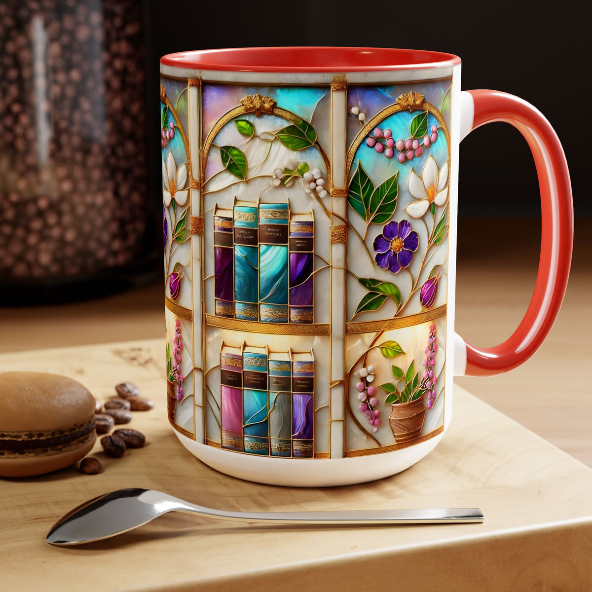 Floral Bookshelf Coffee Mug, Bookish Stained-Glass Style Ceramic Mug, Book Lover Gift 15oz