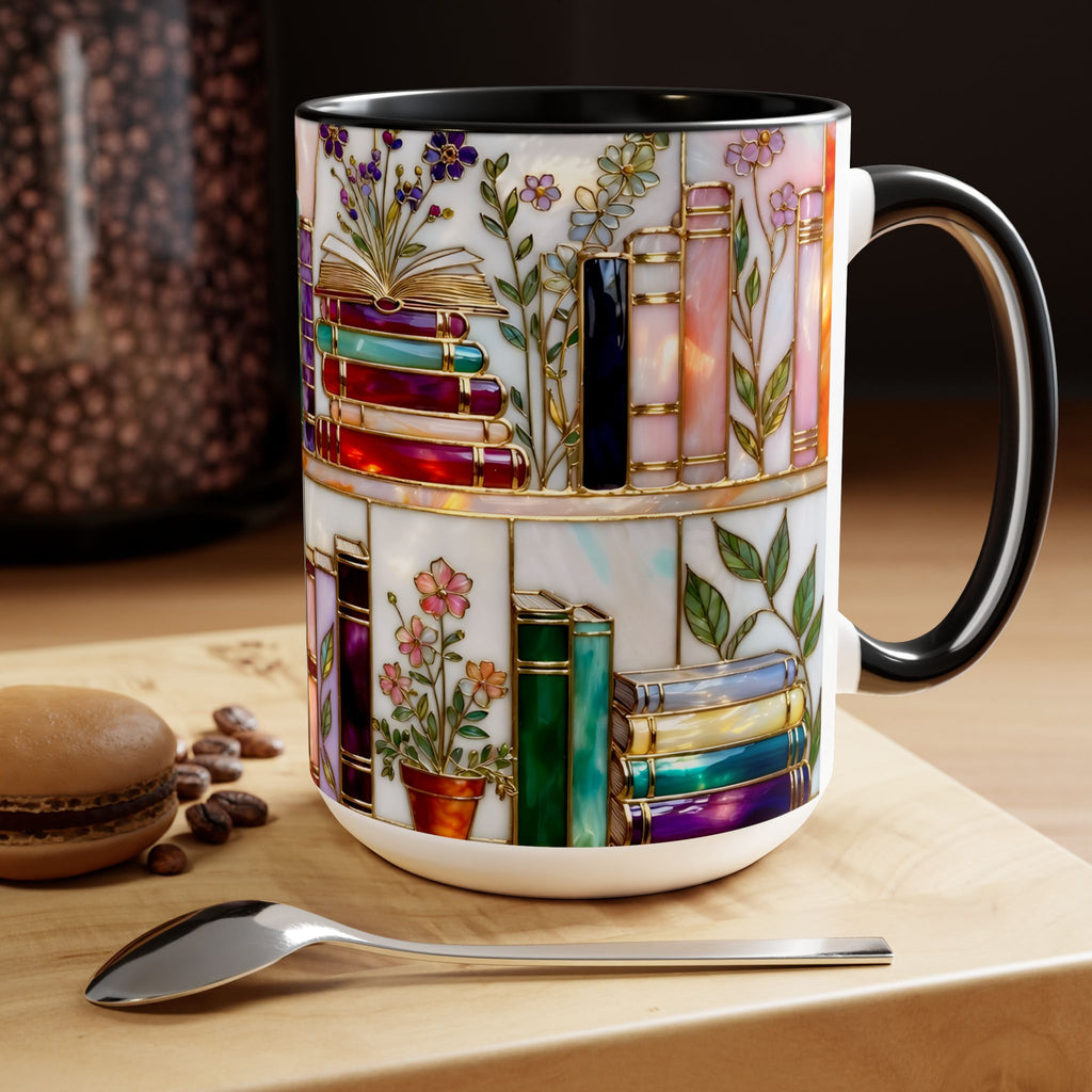 Floral Book Mug, Bookish Stained-Glass Style Mug, Book Lover Gift, Library Aesthetic Cup, Teacher Gift, Reading Mug 15oz