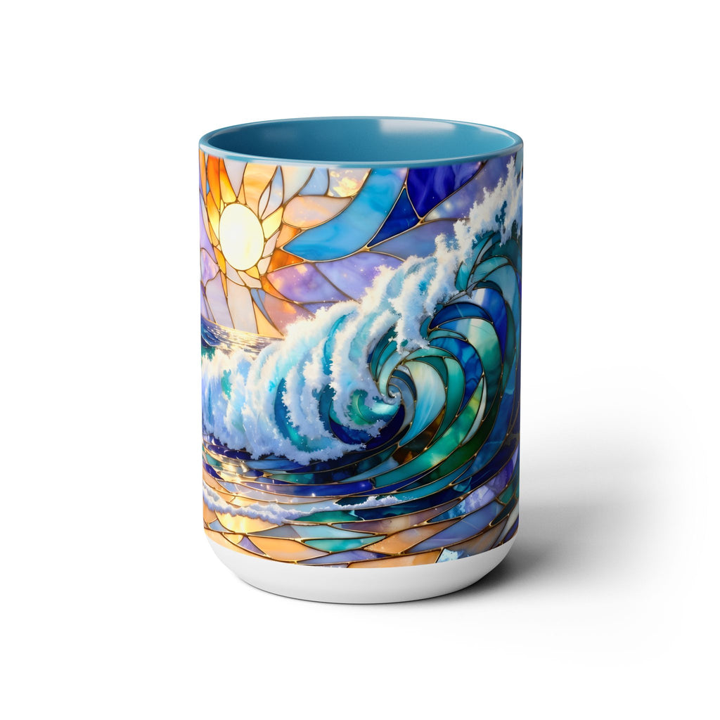Stained Glass Style Ocean Wave Mug, Colorful Coastal Coffee Cup, Beach Sunrise Ceramic, Ocean Lover Gift Cup 15oz
