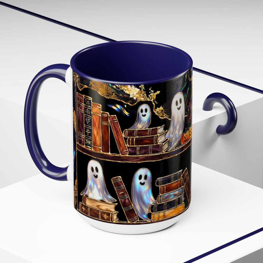 Halloween Ghost Bookshelf Mug, Cute Ghost Coffee Mug, Book Lover Gift, Spooky Books Mug, Fall Mug, Gothic Library Cup, Dark Academia Mug