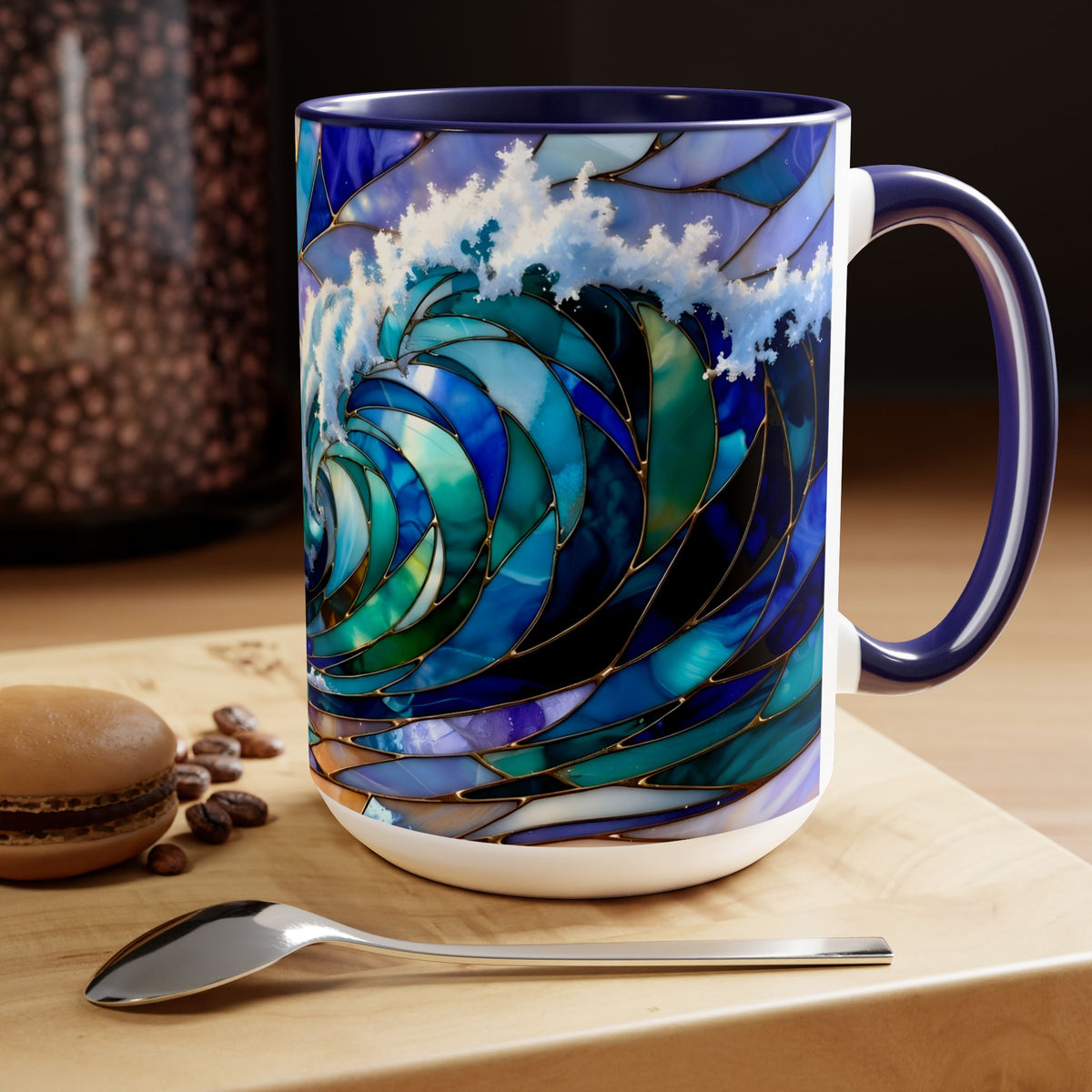 Stained Glass Style Ocean Wave Mug, Colorful Coastal Coffee Cup, Beach Sunrise Ceramic, Ocean Lover Gift Cup 15oz