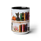 Halloween Ghost Bookshelf Mug, Black Cat Coffee Mug, Witchy Ghost Mug, Book Lover Gift, Spooky Library Mug, Pink Floral Bookshelf Mug 15oz