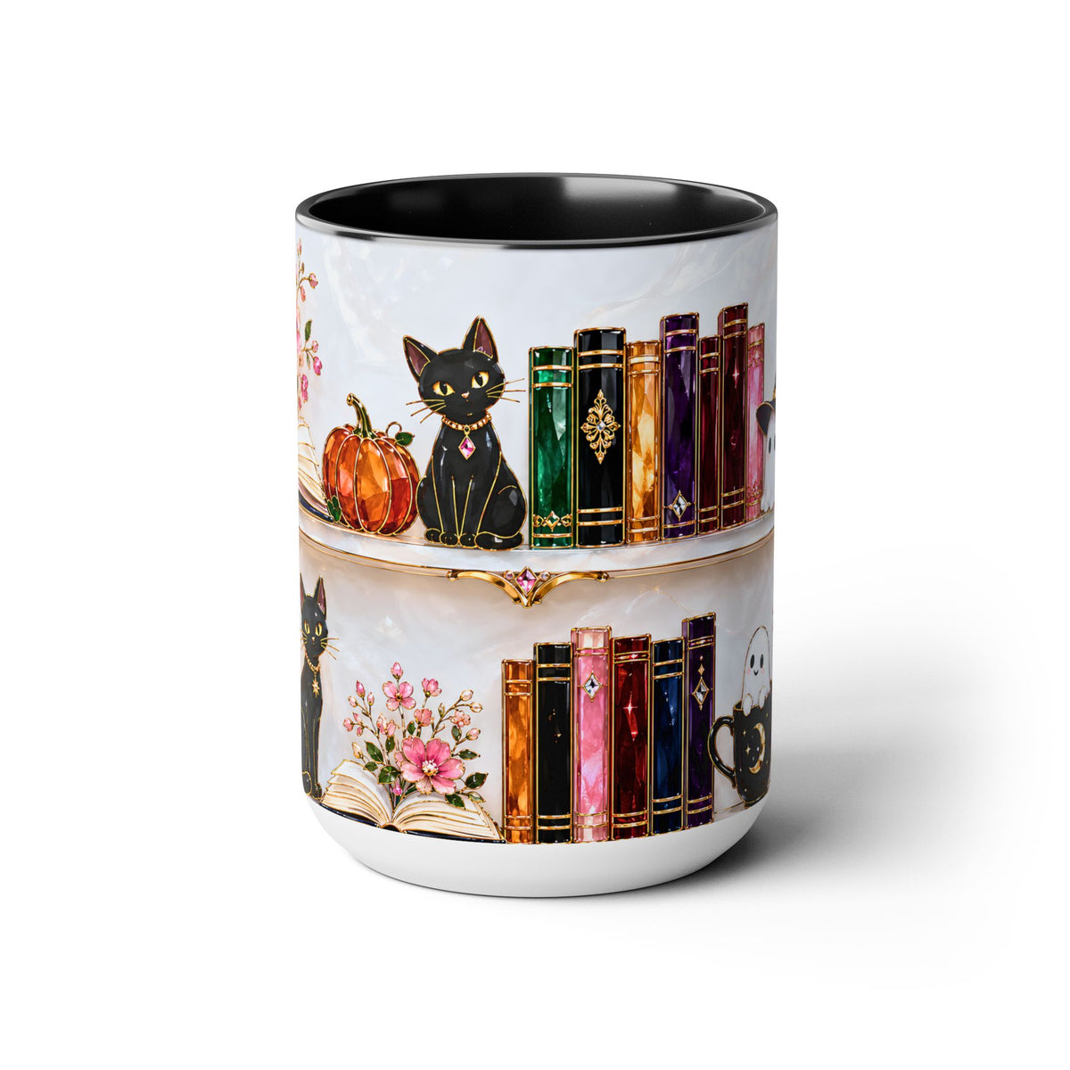Halloween Ghost Bookshelf Mug, Black Cat Coffee Mug, Witchy Ghost Mug, Book Lover Gift, Spooky Library Mug, Pink Floral Bookshelf Mug 15oz