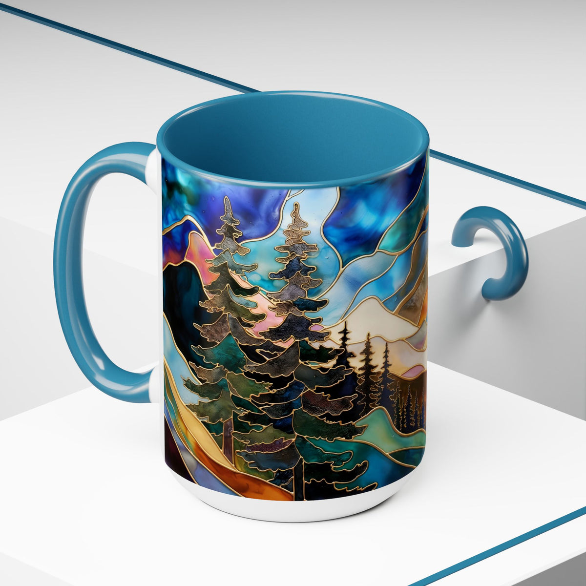 Stained Glass Style Mountain Mug, Forest Landscape Coffee Mug, Nature Lover Gift, Outdoor Adventure Mug, Fathers Day Gift 15oz