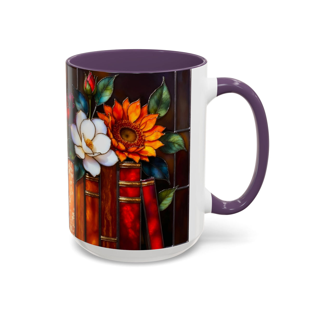Floral Stained Glass Style Book Mug, Bookshelf Floral Ceramic Mug 15oz, Elegant Book Lover Gift, Garden Book Lover Gift