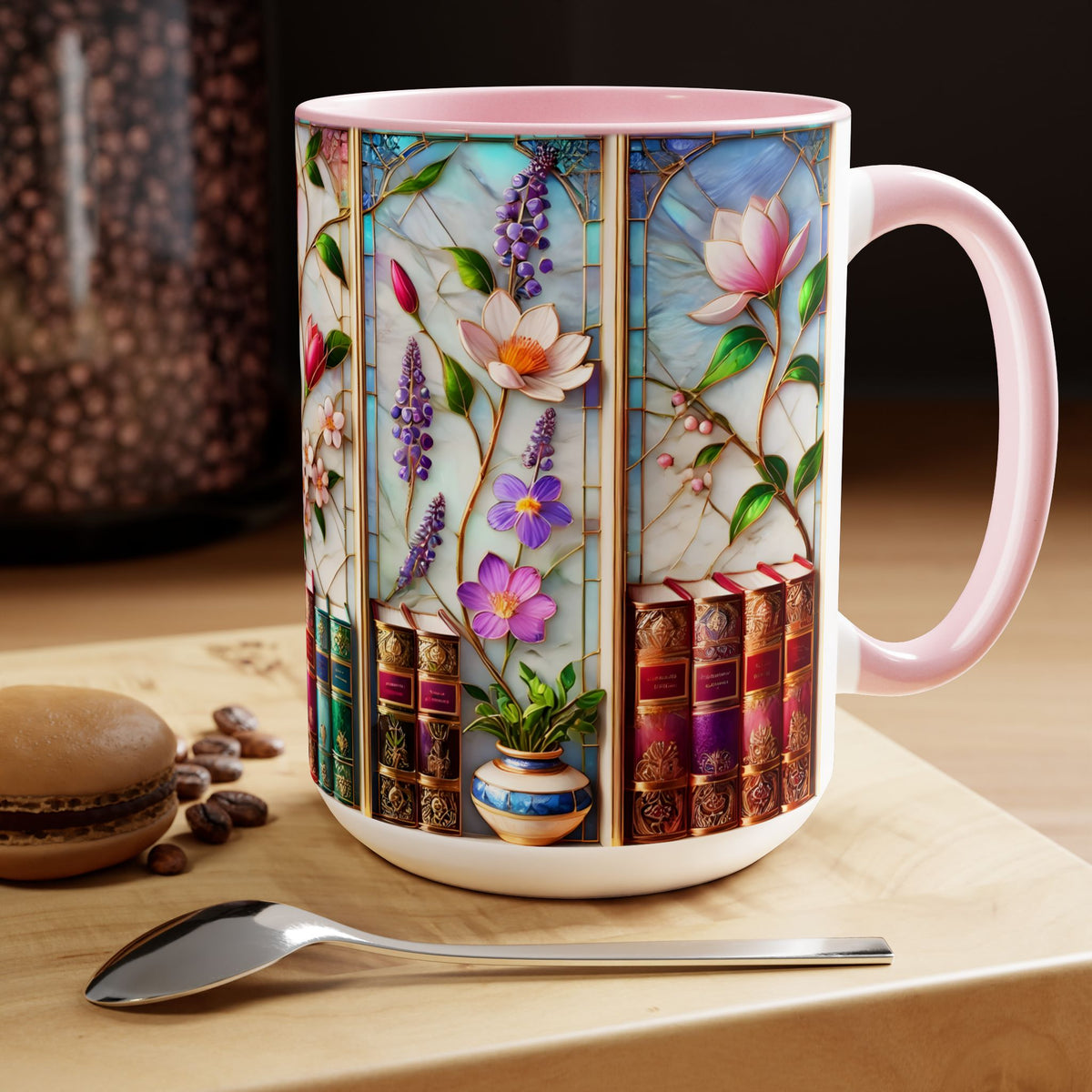 Floral Bookshelf Coffee Mug, Bookish Faux Stained-Glass Mug, Book Lover Gift, Reading Mug for Women, Library Floral Cup 15oz