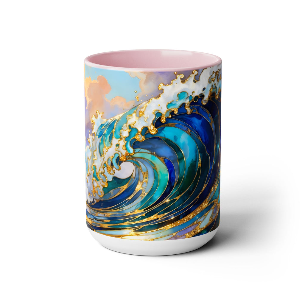 Ocean Waves Stained Glass Style Coffee Mug, Coastal Beach Decor Cup, Nautical Sea Wave Art Mug 15oz