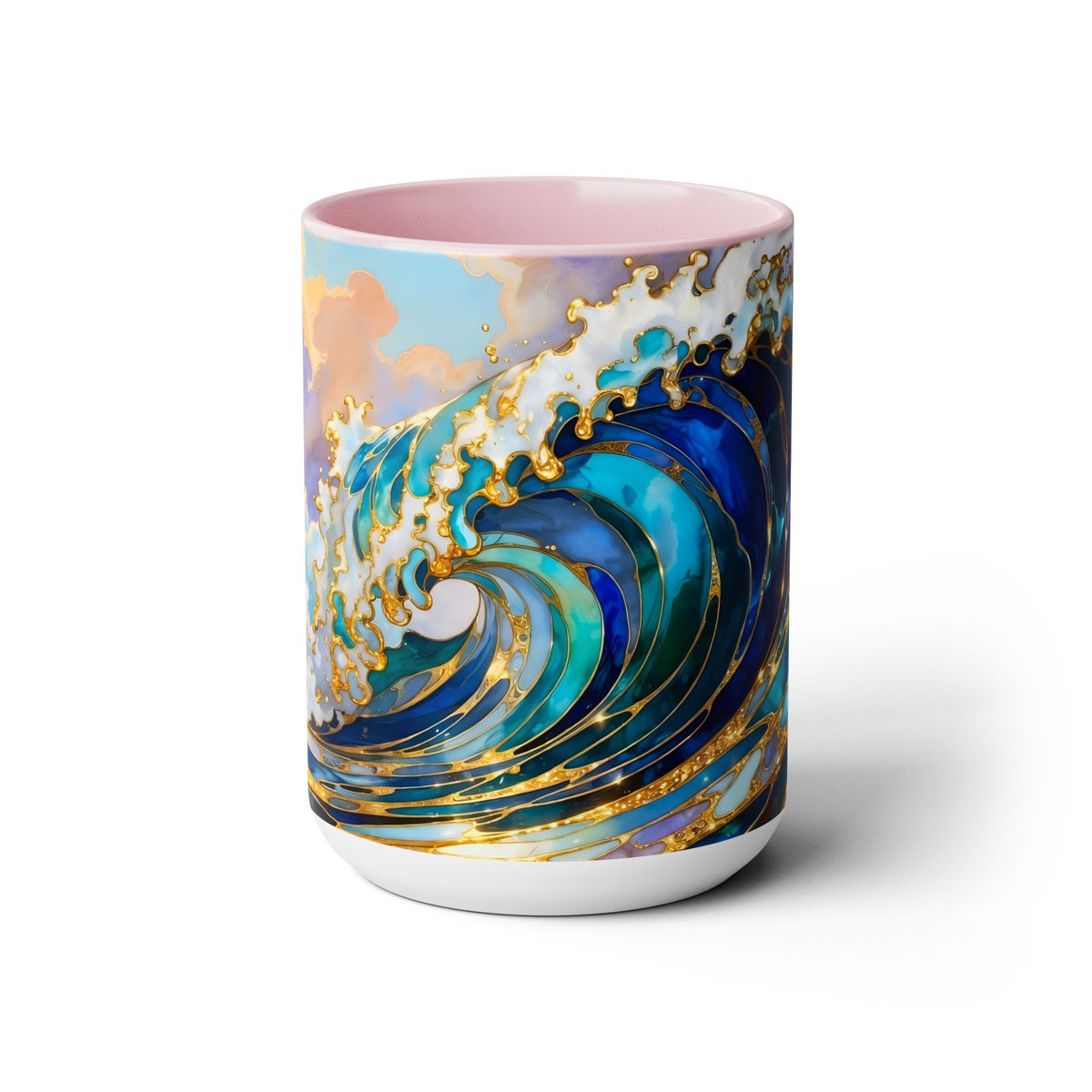 Ocean Waves Stained Glass Style Coffee Mug, Coastal Beach Decor Cup, Nautical Sea Wave Art Mug 15oz