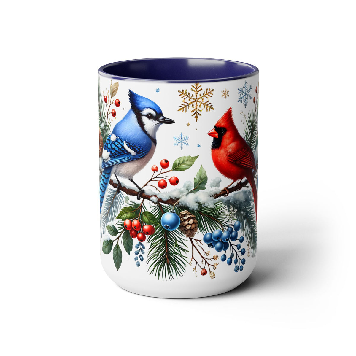 Cardinal Blue Jay Mug, Bird on Snowy Branch Mug, Bird Retro Christmas Mug, Cottagecore Mug, Christmas Kitchen Decor Mug, Winter Mug 15oz