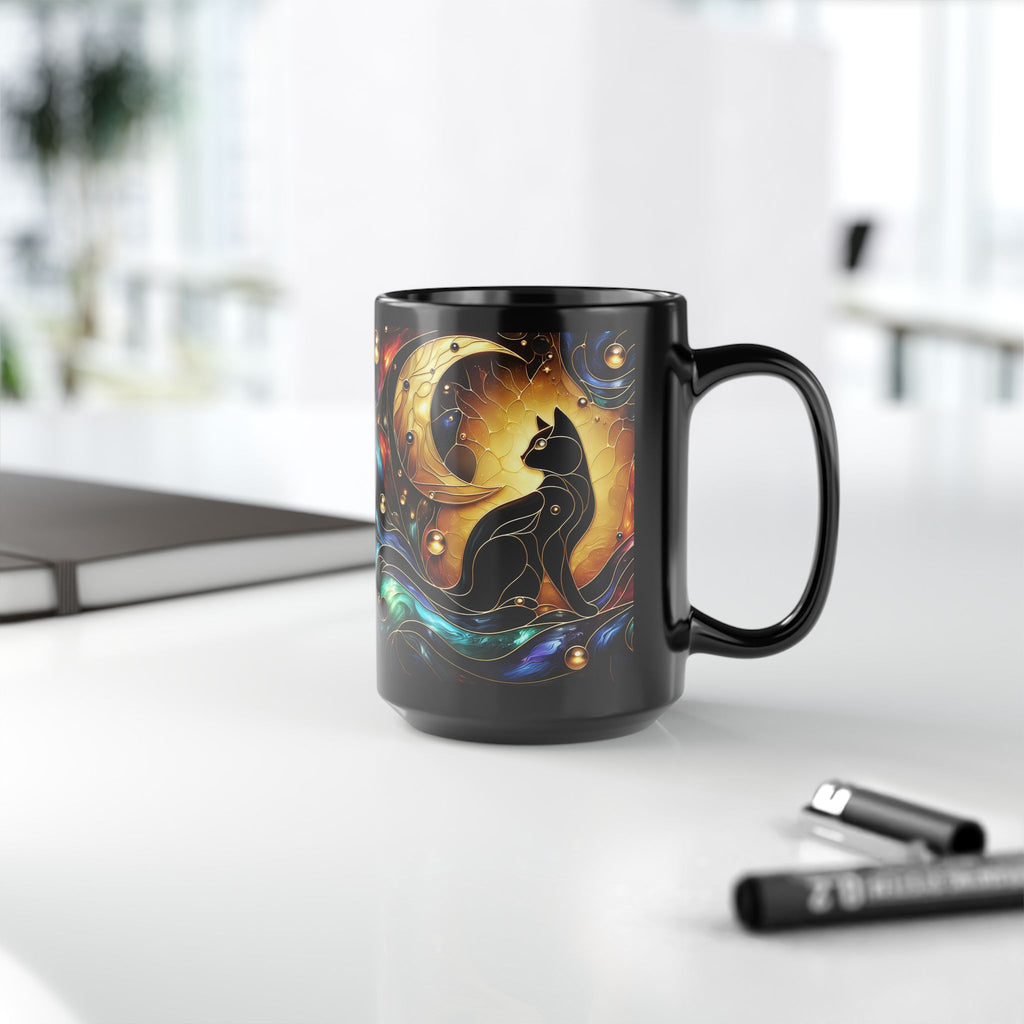 Black Cat Mug, Crescent Moon Halloween Cat Mug, Stained Galss Style Halloween Cat Mug, Dark Academia Witchy Stained Glass Cat Moon Cup 15oz