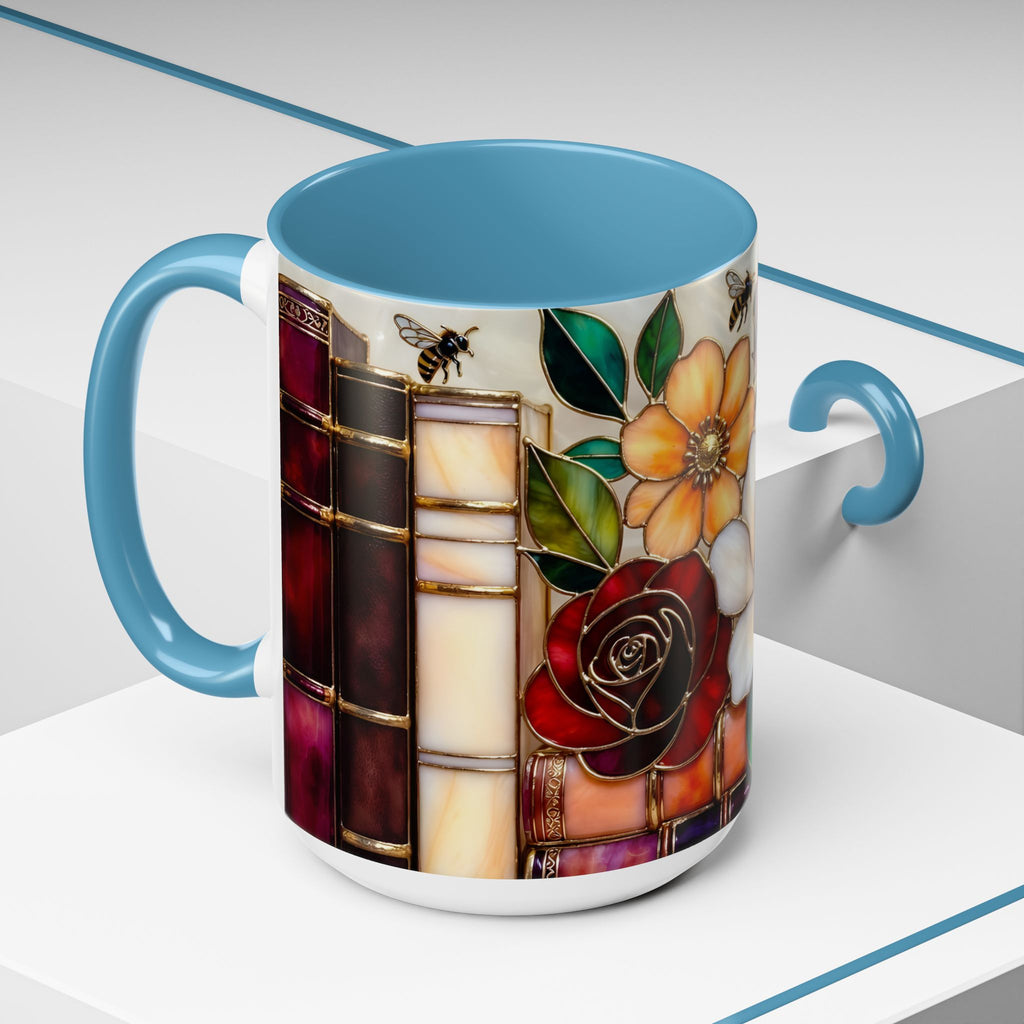 Floral Bookshelf Mug, Stained Glass Style Flowers & Bees Mug 15oz, Garden Book Lover Gift