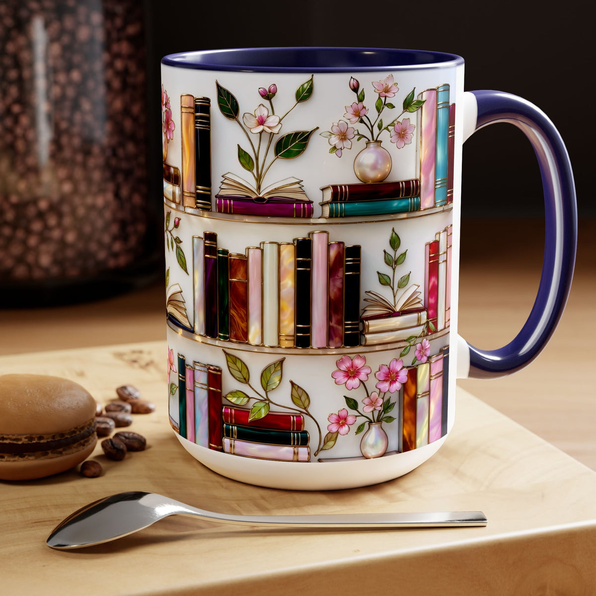 Stained Glass Bookshelf Mug, Book Lover Gift, Floral Bookish Cup, Library Aesthetic Mug, Ceramic Accent Mug, Reader Gift, Cozy Book Mug