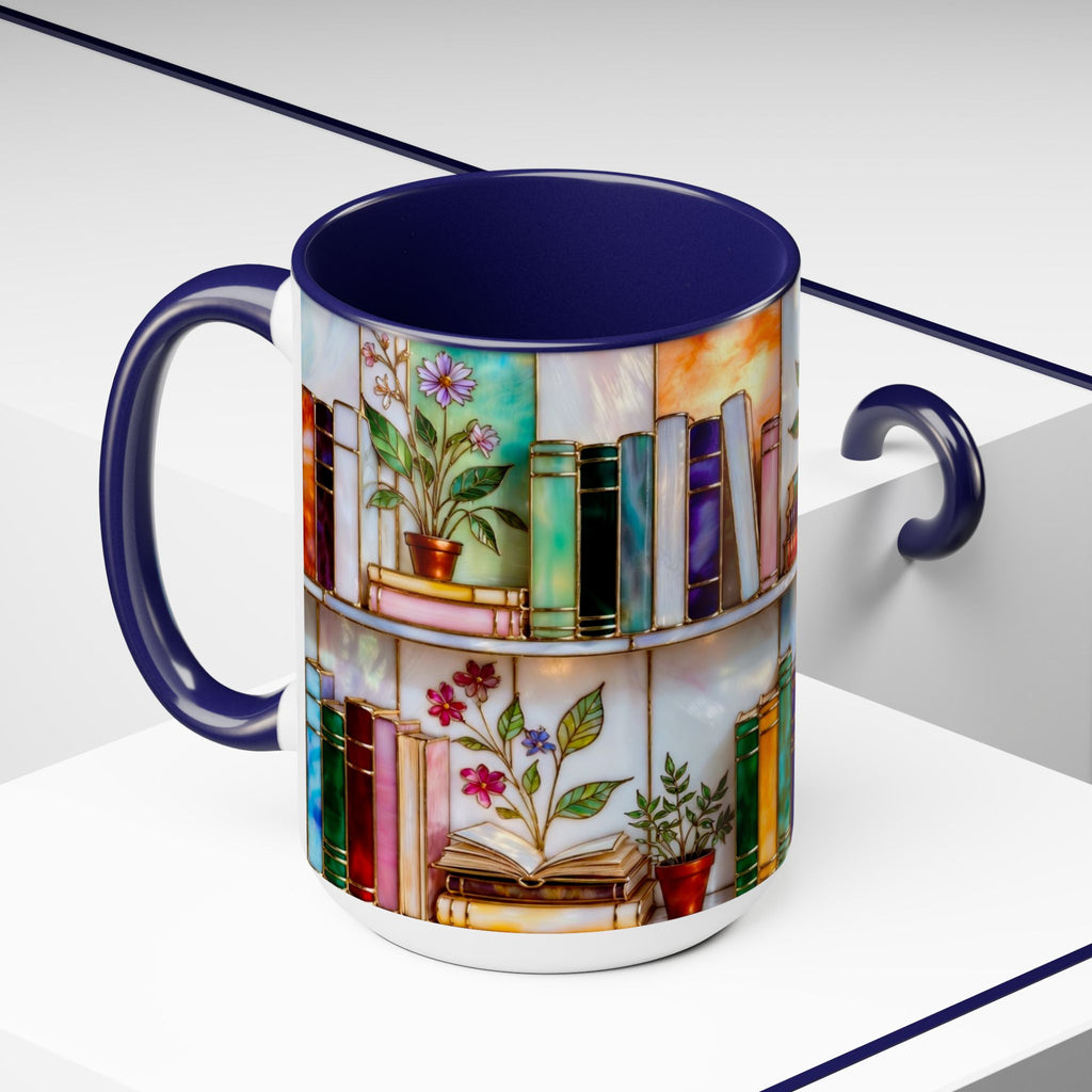 Floral Bookshelf Coffee Mug, Bookish Stained-Glass Style Mug, Book Lover Gift, Library Aesthetic Cup, Teacher Gift, Reading Mug 15oz