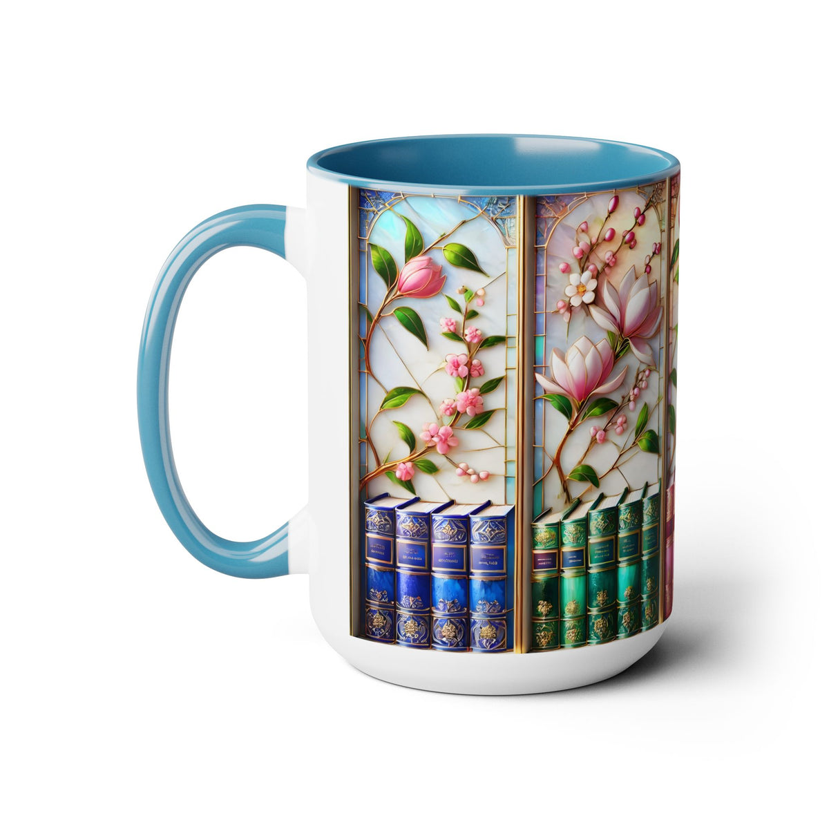 Floral Bookshelf Coffee Mug, Bookish Faux Stained-Glass Mug, Book Lover Gift, Reading Mug for Women, Library Floral Cup 15oz