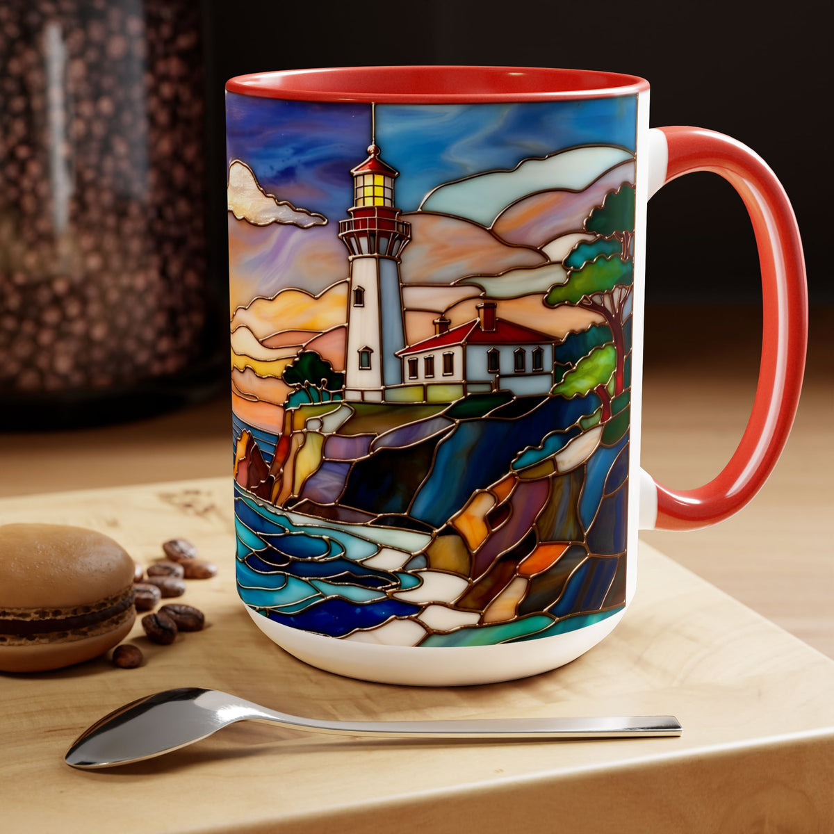 Lighthouse Sunset Mug, Coastal Stained Glass Style Coffee Cup 15oz, Nautical Coffee Mug