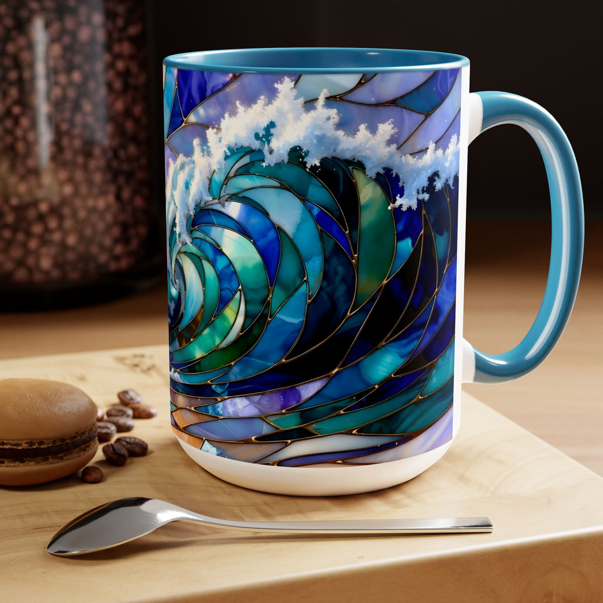 Stained Glass Style Ocean Wave Mug, Colorful Coastal Coffee Cup, Beach Sunrise Ceramic, Ocean Lover Gift Cup 15oz