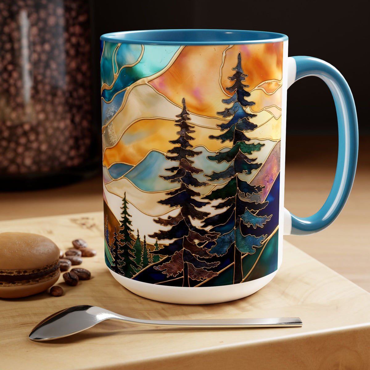 Stained Glass Style Mountain Mug, Forest Landscape Coffee Mug, Nature Lover Gift, Outdoor Adventure Mug, Fathers Day Gift 15oz