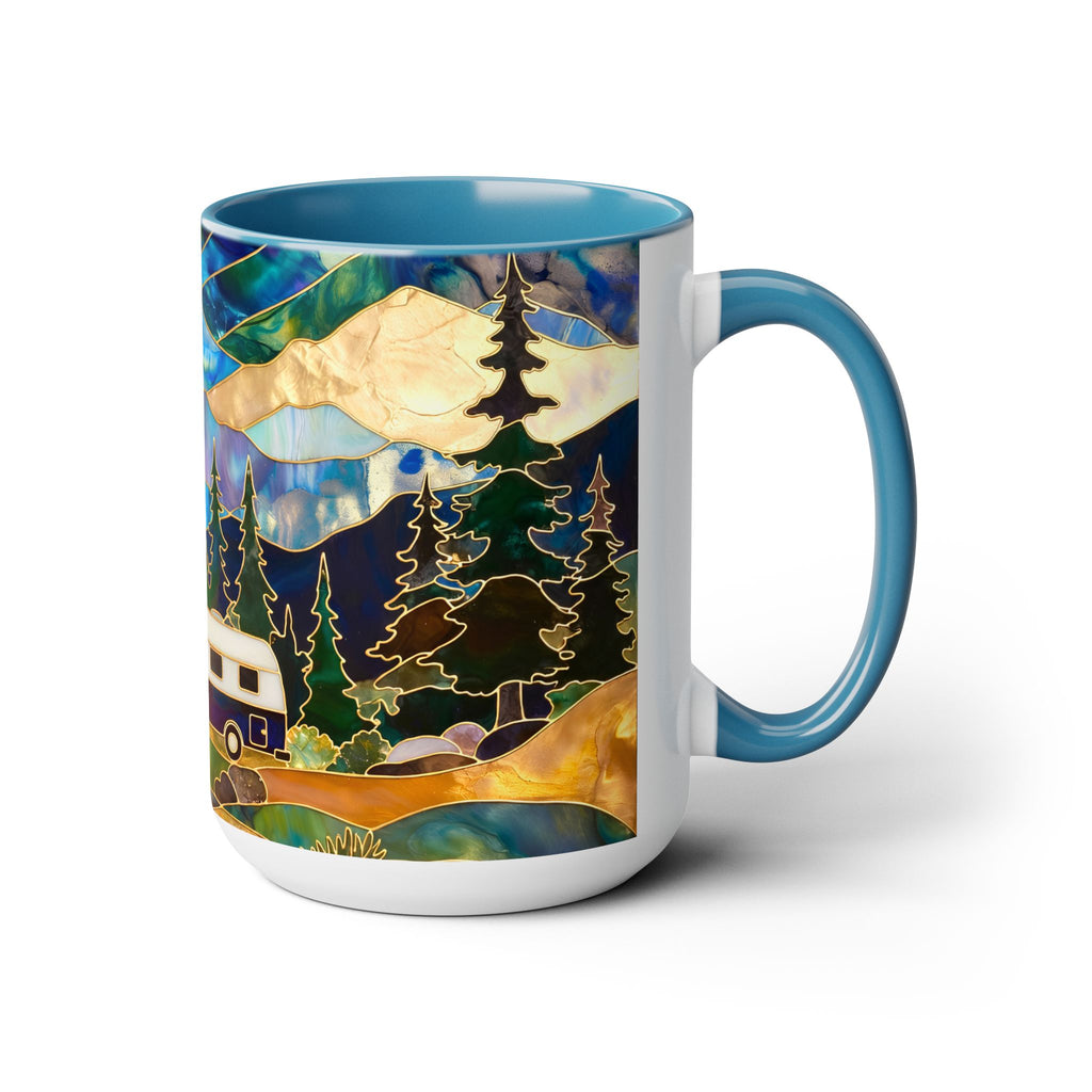 Stained Glass Style Mountain Camper Mug, Camping Coffee Cup, Outdoor Adventure Mug, Nature Lover Gift, Fathers Day Mug, Forest Landscape Cup
