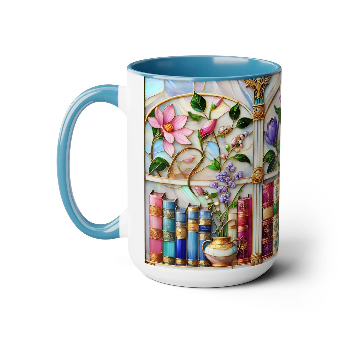 Floral Bookshelf Coffee Mug, Bookish Stained-Glass Style Mug, Book Lover Gift, Reading Mug for Women, Library Aesthetic Cup 15oz