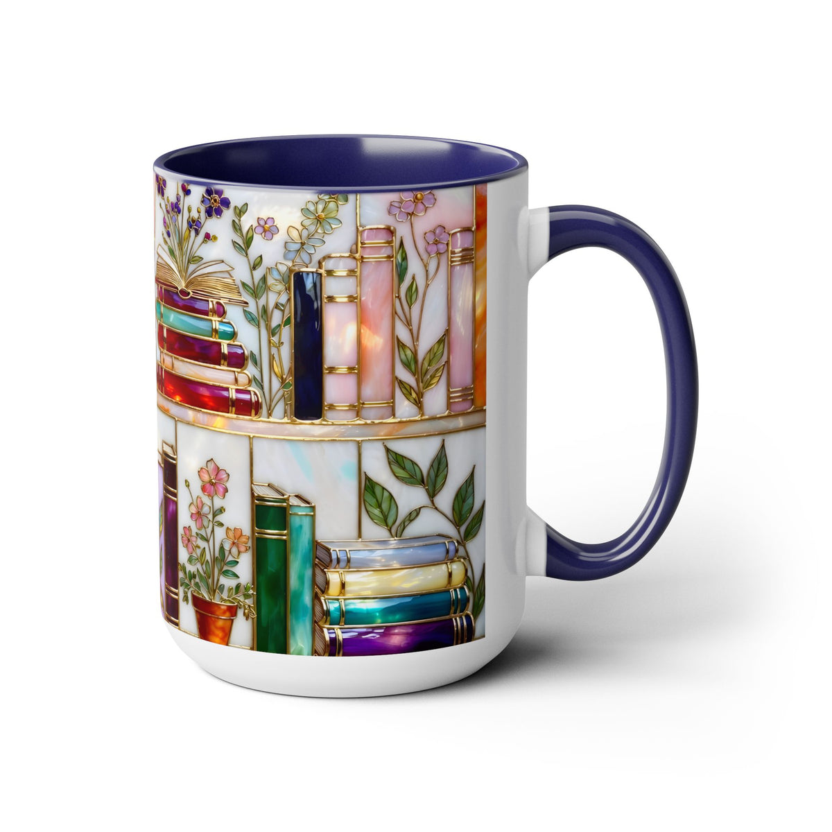 Floral Book Mug, Bookish Stained-Glass Style Mug, Book Lover Gift, Library Aesthetic Cup, Teacher Gift, Reading Mug 15oz