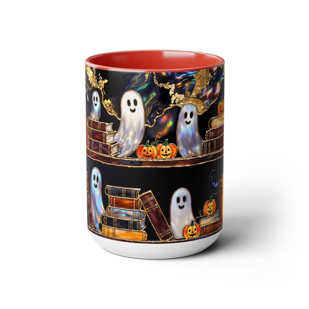 Halloween Ghost Bookshelf Mug, Cute Ghost Coffee Mug, Book Lover Gift, Spooky Books Mug, Fall Mug, Gothic Library Cup, Dark Academia Mug