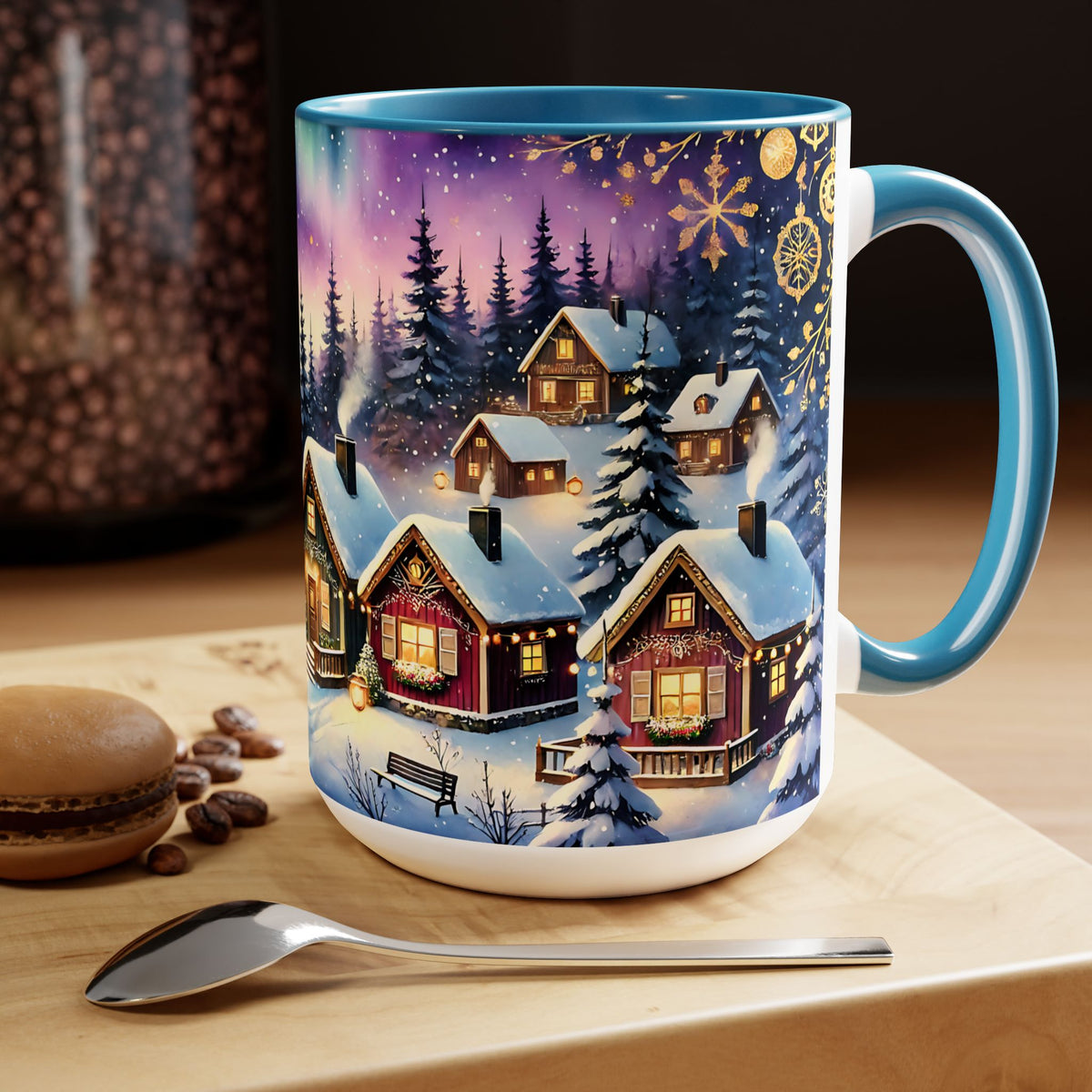 Christmas Village Mug, Christmas Mug, Christmas Mountain Mug, Aurora Borealis Mug, Unique Christmas Gift, Lake Mug, Vintage Style Mug 15oz