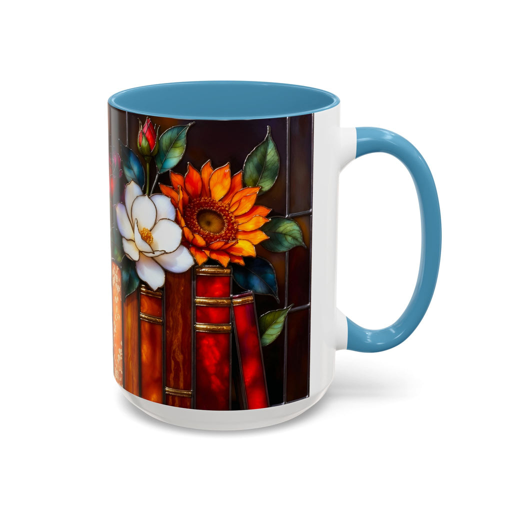 Floral Stained Glass Style Book Mug, Bookshelf Floral Ceramic Mug 15oz, Elegant Book Lover Gift, Garden Book Lover Gift
