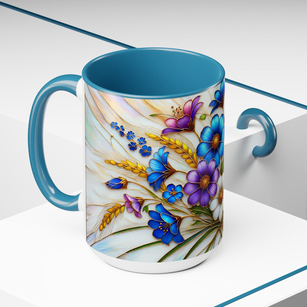 Blue Wildflower Mug, Stained Glass Style Floral Coffee Cup 15oz