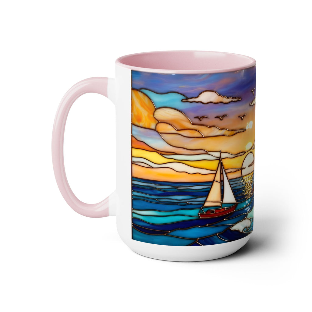 Lighthouse Sunset Mug, Coastal Stained Glass Style Coffee Cup 15oz, Nautical Coffee Mug