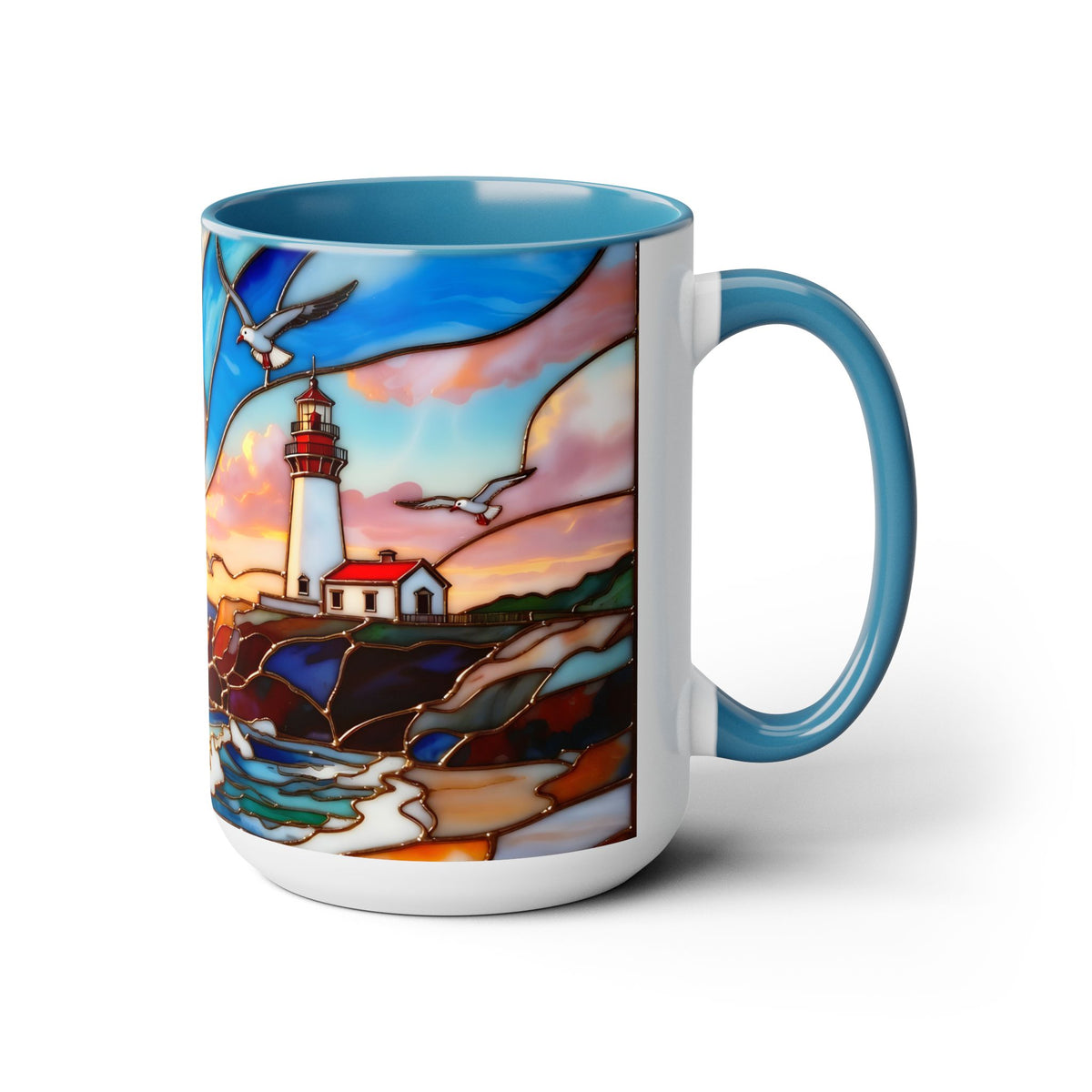 Lighthouse Sunset Mug, Coastal Stained Glass Style Coffee Cup, Nautical Coffee Mug 15oz