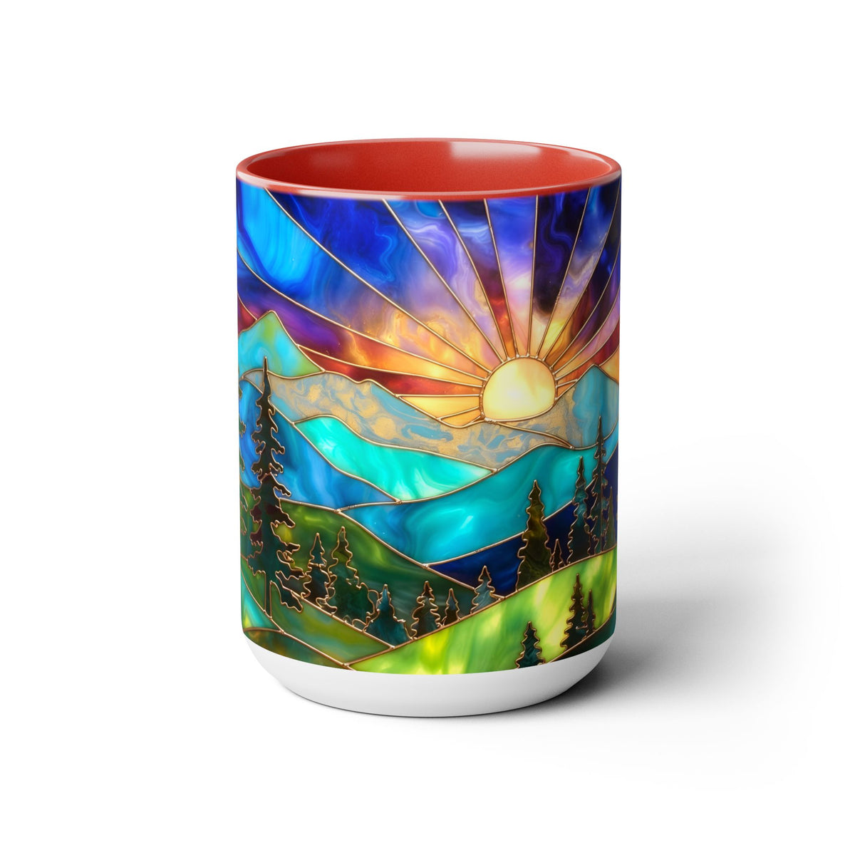 Stained Glass Style Sunset Mountains Coffee Mug, Pine Forest Cup Gift 15oz