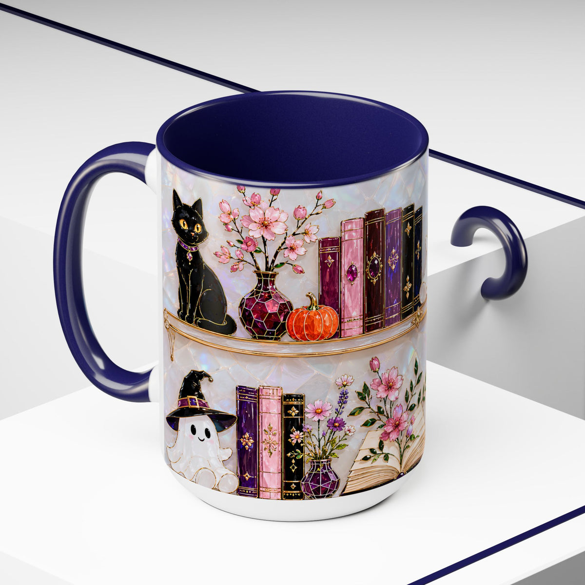 Halloween Ghost Bookshelf Mug, Cute Ghost Coffee Mug, Book Lover Gift, Pink Halloween Mug, Witchy Books Mug, Black Cat Mug, Fall Coffee Cup